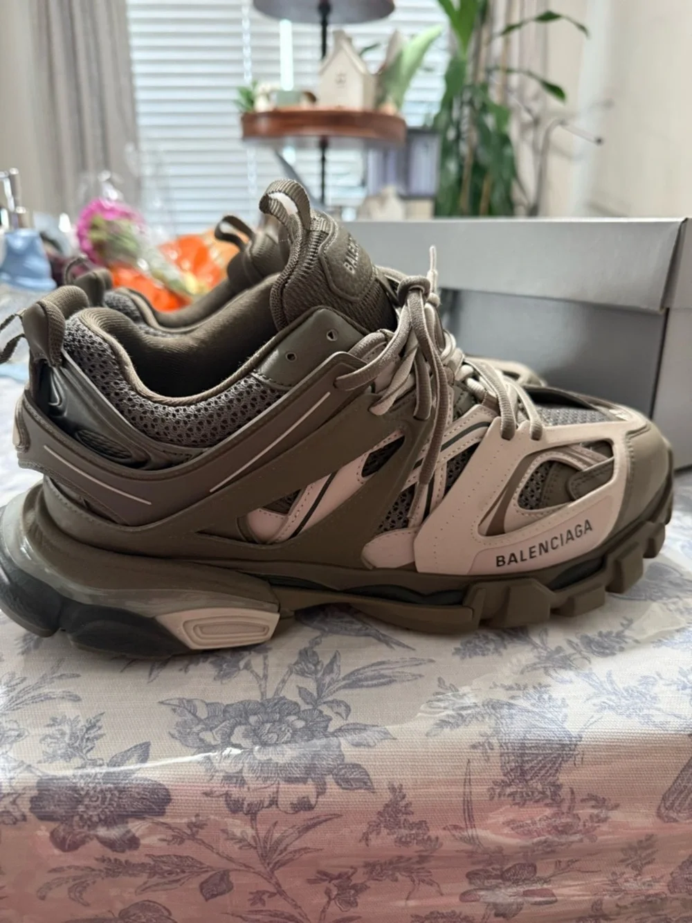 Balenciaga Women’s Layered Track Sneakers in Olive Green and Beige (Authentic)